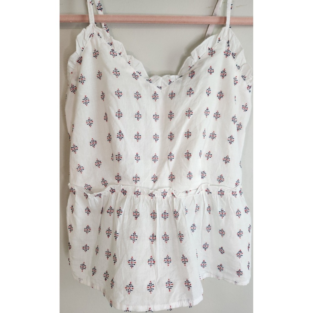 Sim & Sam Womens XS White Red Blue Geometric Ruffle Smocked Peplum Camisole Top